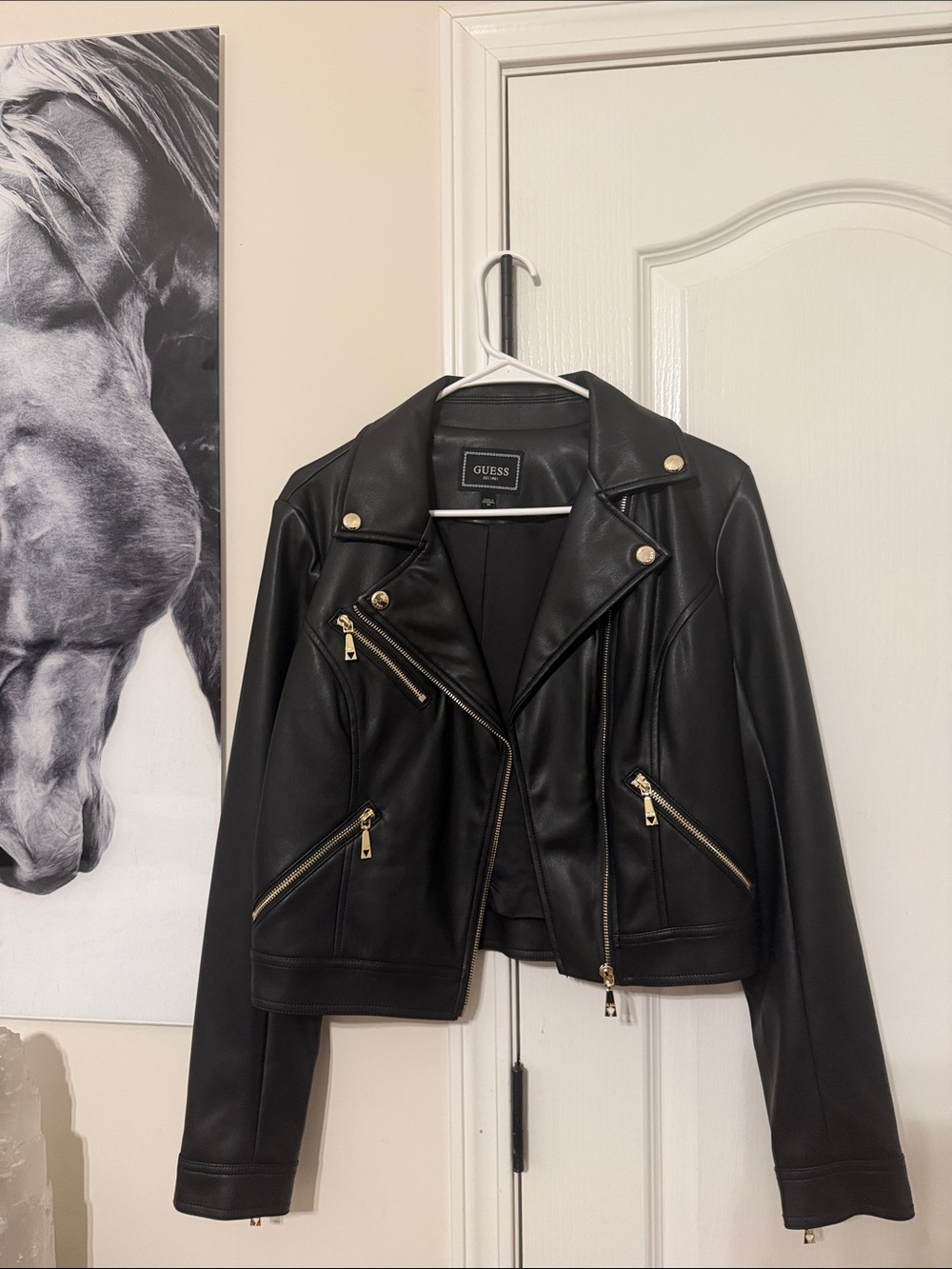 GUESS Black Faux Leather Moto Jacket with Gold Hardware
